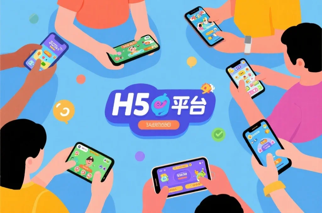 多位用户在不同的移动设备上同时体验H5娱乐平台，显示出多样的游戏和互动界面，氛围轻松愉快