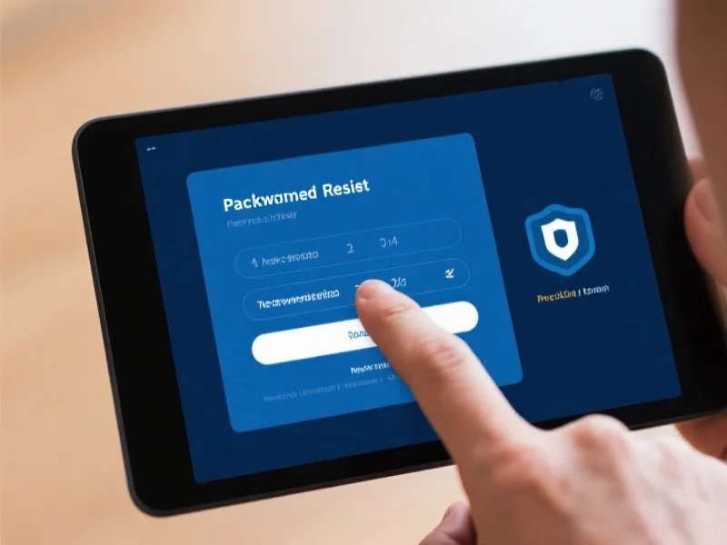屏幕上显示密码重置界面，一只手正在输入新密码，旁边有安全提示图标